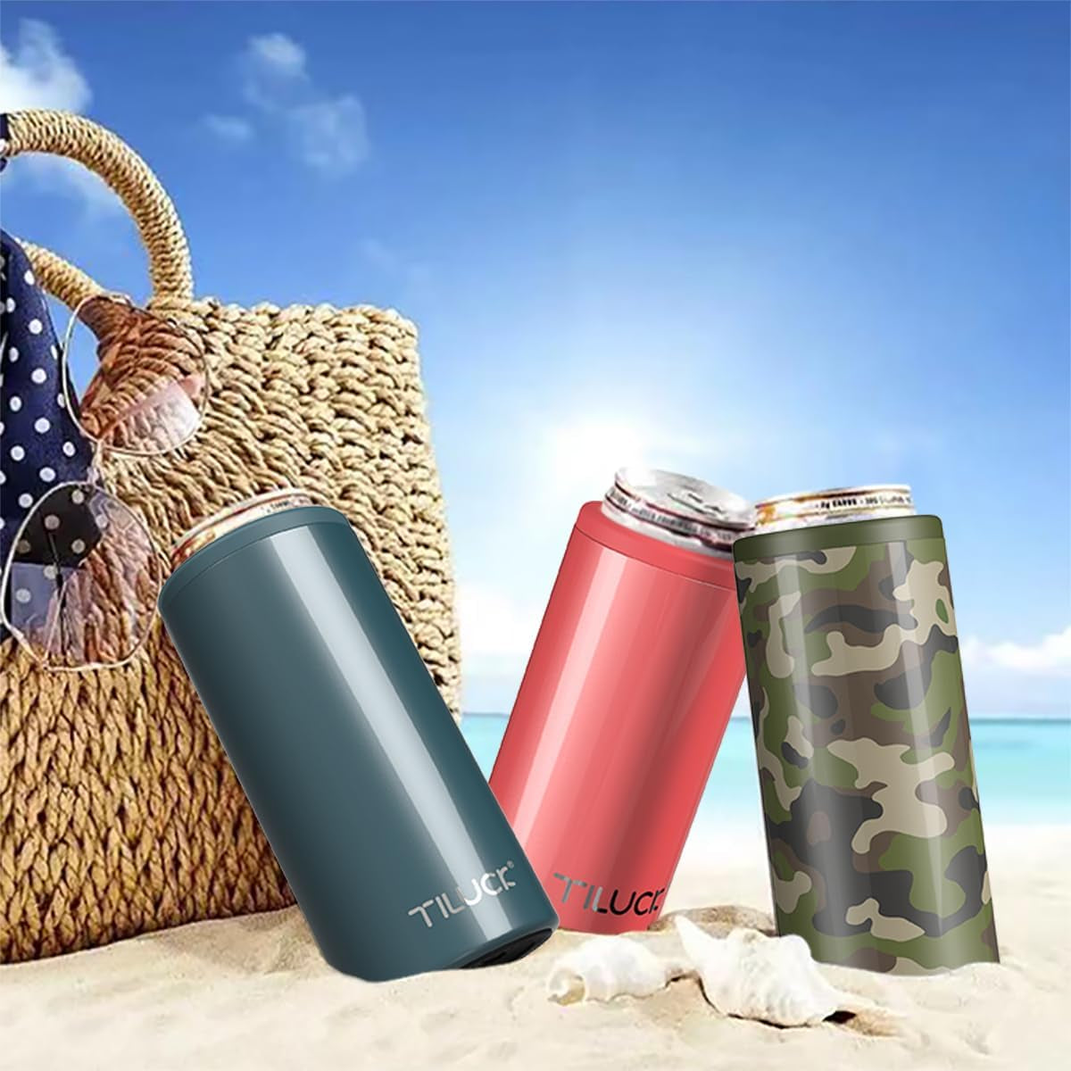 Skinny Can Cooler for Slim Beer & Hard Seltzer, Stainless Steel, Doucle-Walled Stainless Steel Insulated Slim Cans, Standard 12 Oz (Glitter Coral)