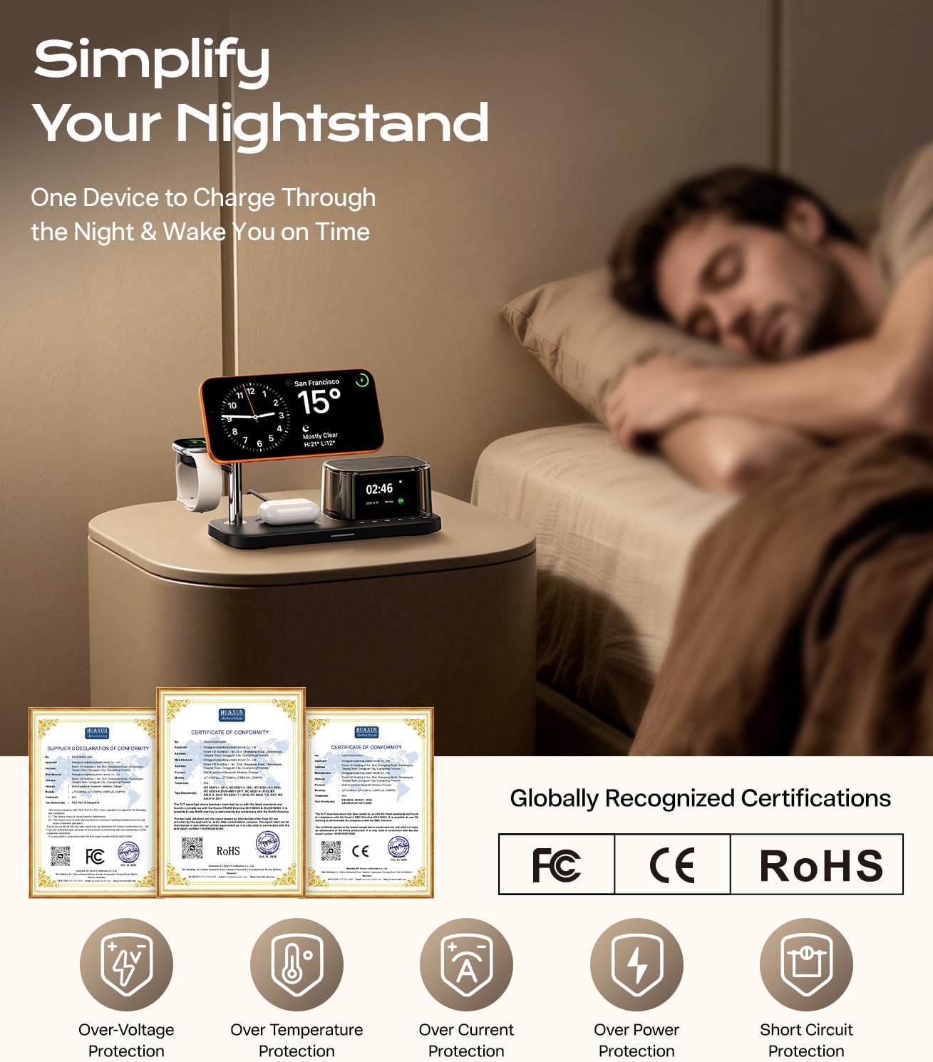 45W 5 in 1Charging Station with Bluetooth Speaker and Alarm Clock & Night Light, Qi2.2 25W Fast Wireless Charger for Magsafe Charger for Iphone 17/S26 Ultra, Charger Stand for Apple Watch & Airpods