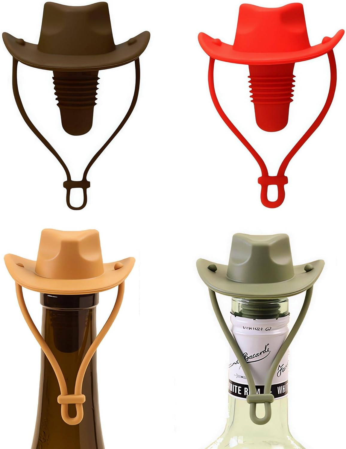 4Pcs Cowboy Hat Wine Stoppers, Silicone Bottle Stopper, Cork Substitute, Sealed Keep Wine Fresh, Cute Home Decoration and Wine Lover'S Novelty Gifts (Coffee+Tan+Red+Green)