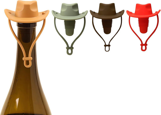 4Pcs Cowboy Hat Wine Stoppers, Silicone Bottle Stopper, Cork Substitute, Sealed Keep Wine Fresh, Cute Home Decoration and Wine Lover'S Novelty Gifts (Coffee+Tan+Red+Green)