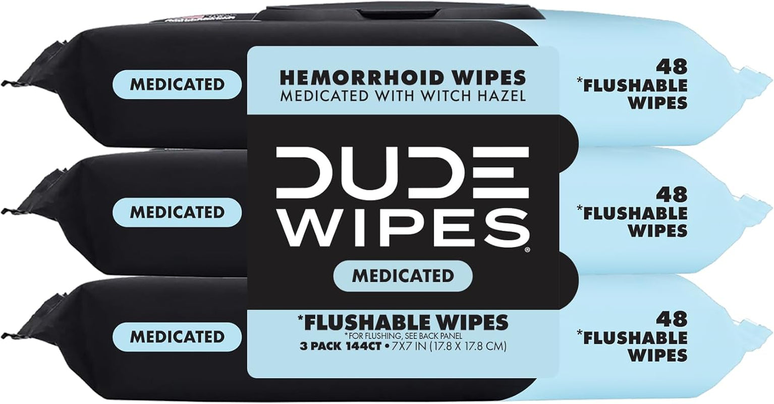 Wipes Fragrance Free Hemorrhoid Flushable Wipes - 3 Pack (144 Count) - Extra-Large, Medicated with Witch Hazel for Soothing Relief - Septic and Sewer Safe