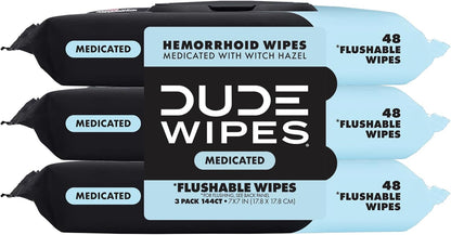 Wipes Fragrance Free Hemorrhoid Flushable Wipes - 3 Pack (144 Count) - Extra-Large, Medicated with Witch Hazel for Soothing Relief - Septic and Sewer Safe