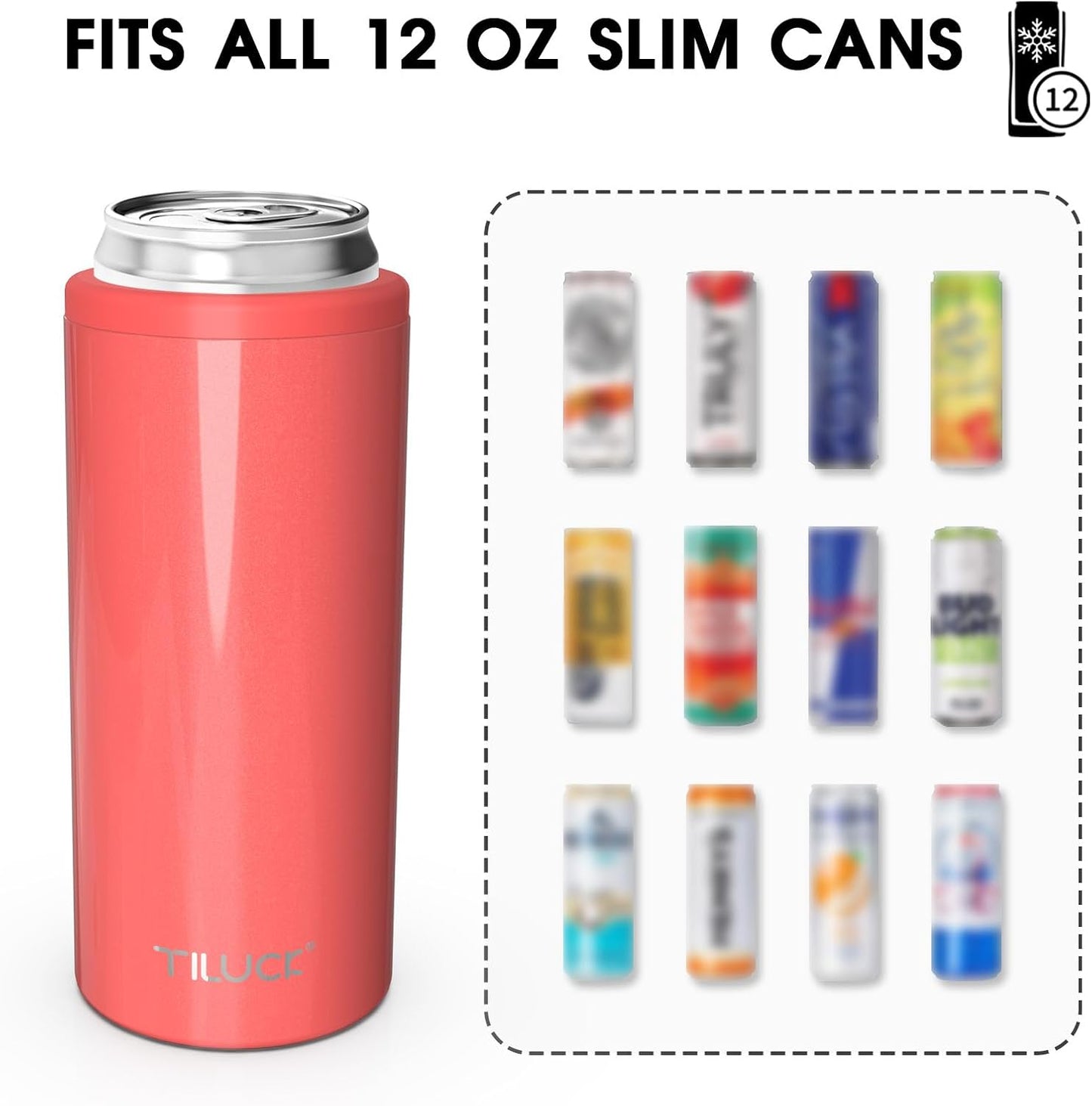Skinny Can Cooler for Slim Beer & Hard Seltzer, Stainless Steel, Doucle-Walled Stainless Steel Insulated Slim Cans, Standard 12 Oz (Glitter Coral)
