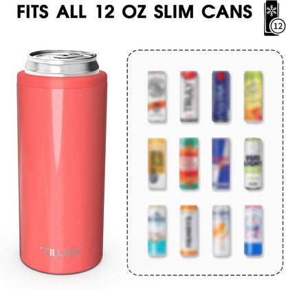 Skinny Can Cooler for Slim Beer & Hard Seltzer, Stainless Steel, Doucle-Walled Stainless Steel Insulated Slim Cans, Standard 12 Oz (Glitter Coral)