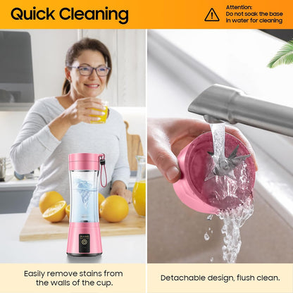 Portable Blender for Smoothies and Shakes - Personal Size Mini Blender with 380Ml Travel Cup, 6 Stainless Steel Blades for Powerful Blending, Fresh Fruit Juicer for Home/Travel
