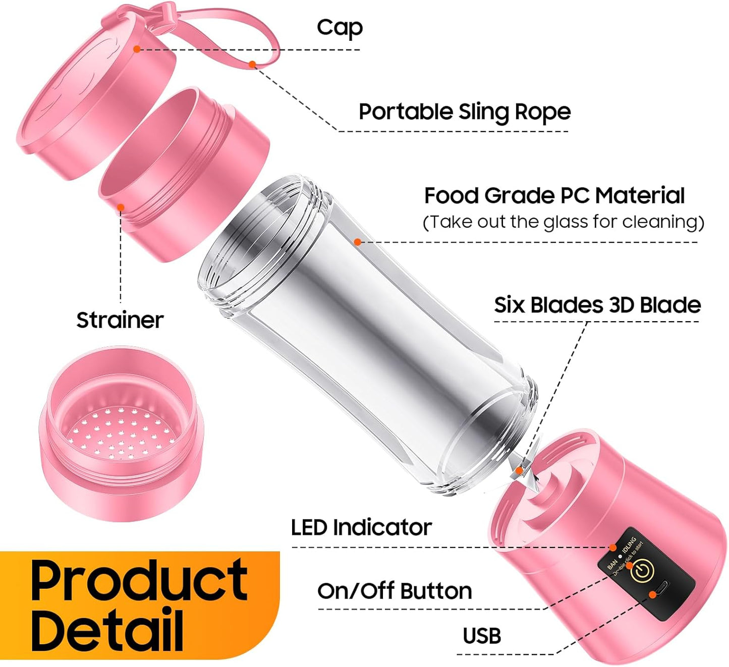 Portable Blender for Smoothies and Shakes - Personal Size Mini Blender with 380Ml Travel Cup, 6 Stainless Steel Blades for Powerful Blending, Fresh Fruit Juicer for Home/Travel
