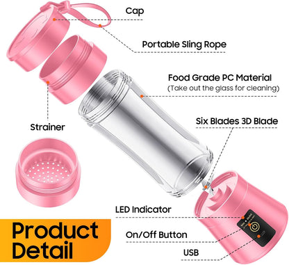 Portable Blender for Smoothies and Shakes - Personal Size Mini Blender with 380Ml Travel Cup, 6 Stainless Steel Blades for Powerful Blending, Fresh Fruit Juicer for Home/Travel