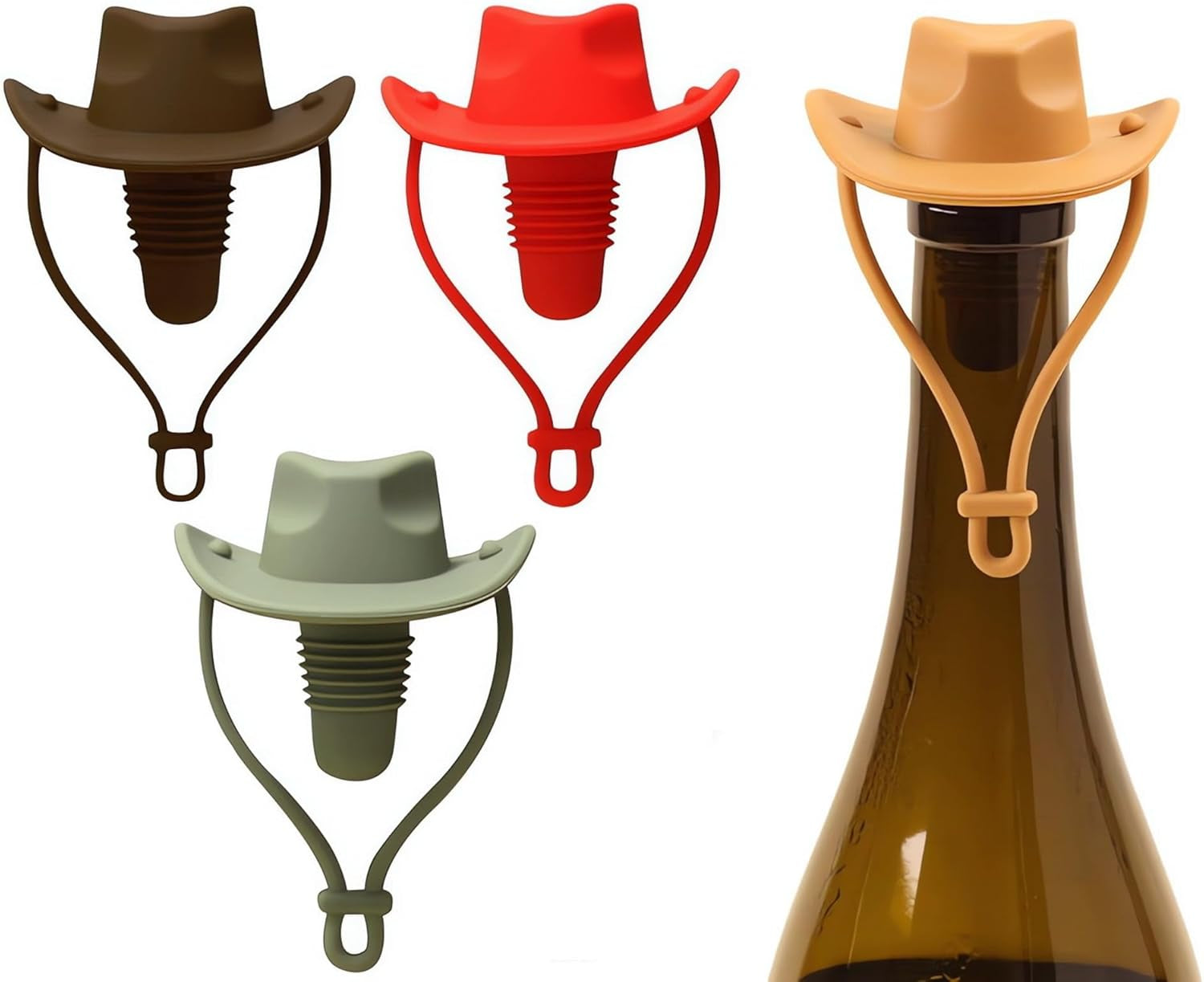 4Pcs Cowboy Hat Wine Stoppers, Silicone Bottle Stopper, Cork Substitute, Sealed Keep Wine Fresh, Cute Home Decoration and Wine Lover'S Novelty Gifts (Coffee+Tan+Red+Green)