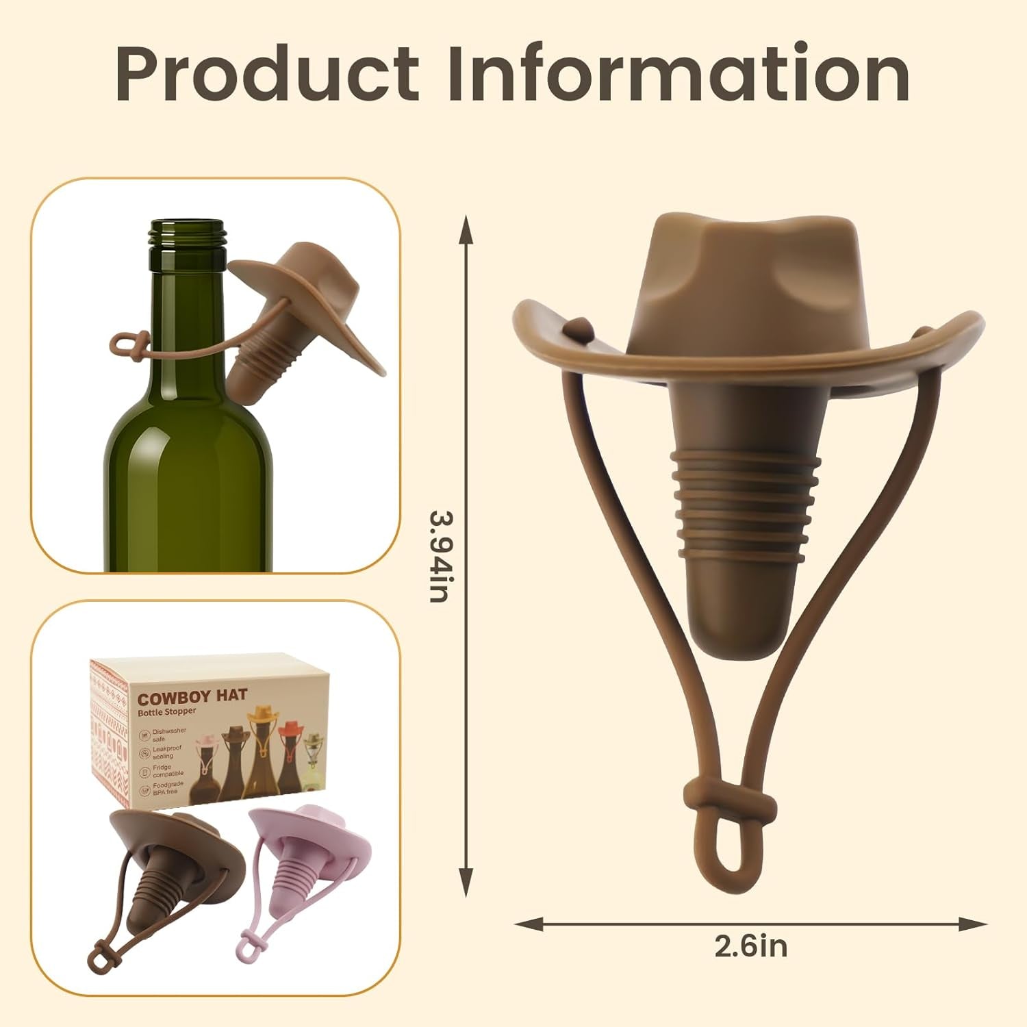 2 Pack Cowboy Hat Wine Stopper, Silicone Wine Stoppers for Wine Bottles, Funny Gifts for Men and Women (Coffee & Pink)