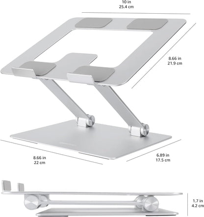Sturdy and Portable Ergonomic Laptop Stand for Desk, Height Adjustable Riser with Ventilated Cooling, Foldable, Fits All Laptops up to 17.3 Inch, Silver, 10 X 8.7 X 6 In