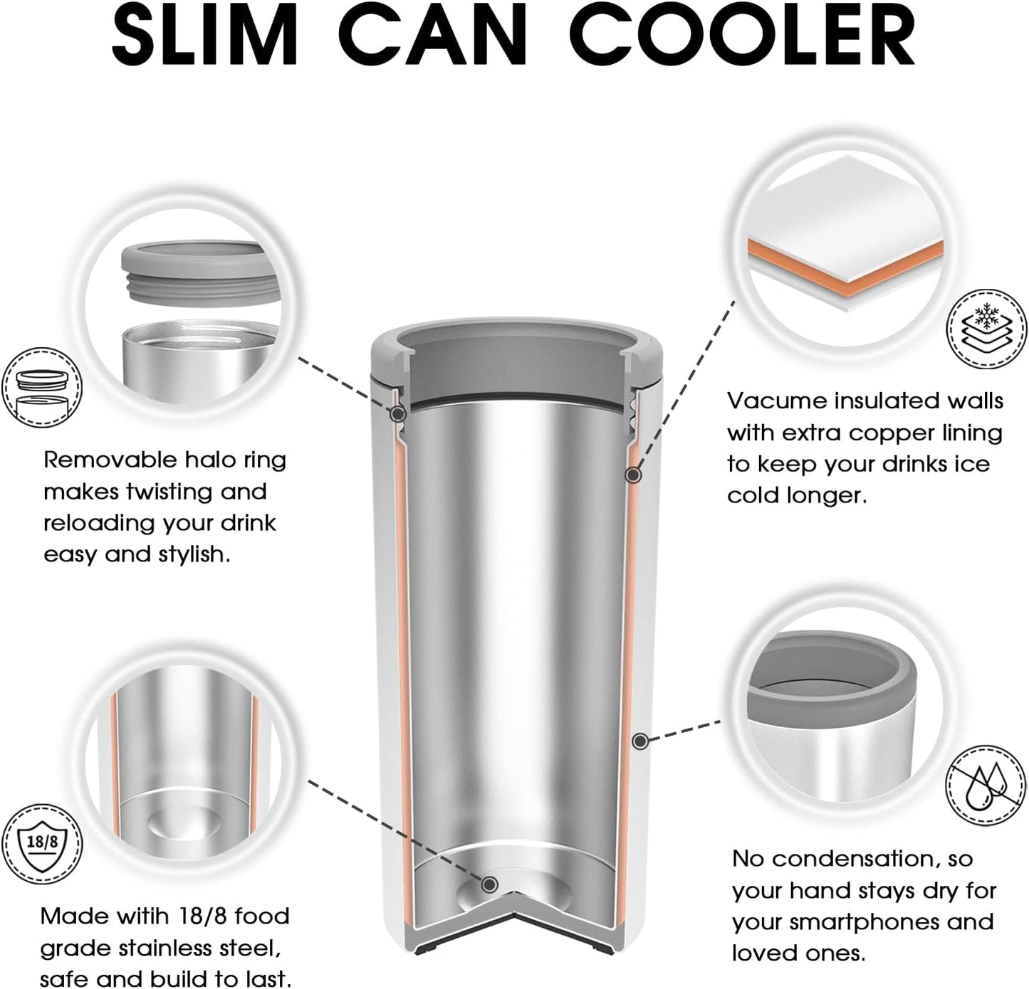 Skinny Can Cooler for Slim Beer & Hard Seltzer, Stainless Steel, Doucle-Walled Stainless Steel Insulated Slim Cans, Standard 12 Oz (Glitter Coral)