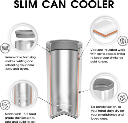Skinny Can Cooler for Slim Beer & Hard Seltzer, Stainless Steel, Doucle-Walled Stainless Steel Insulated Slim Cans, Standard 12 Oz (Glitter Coral)