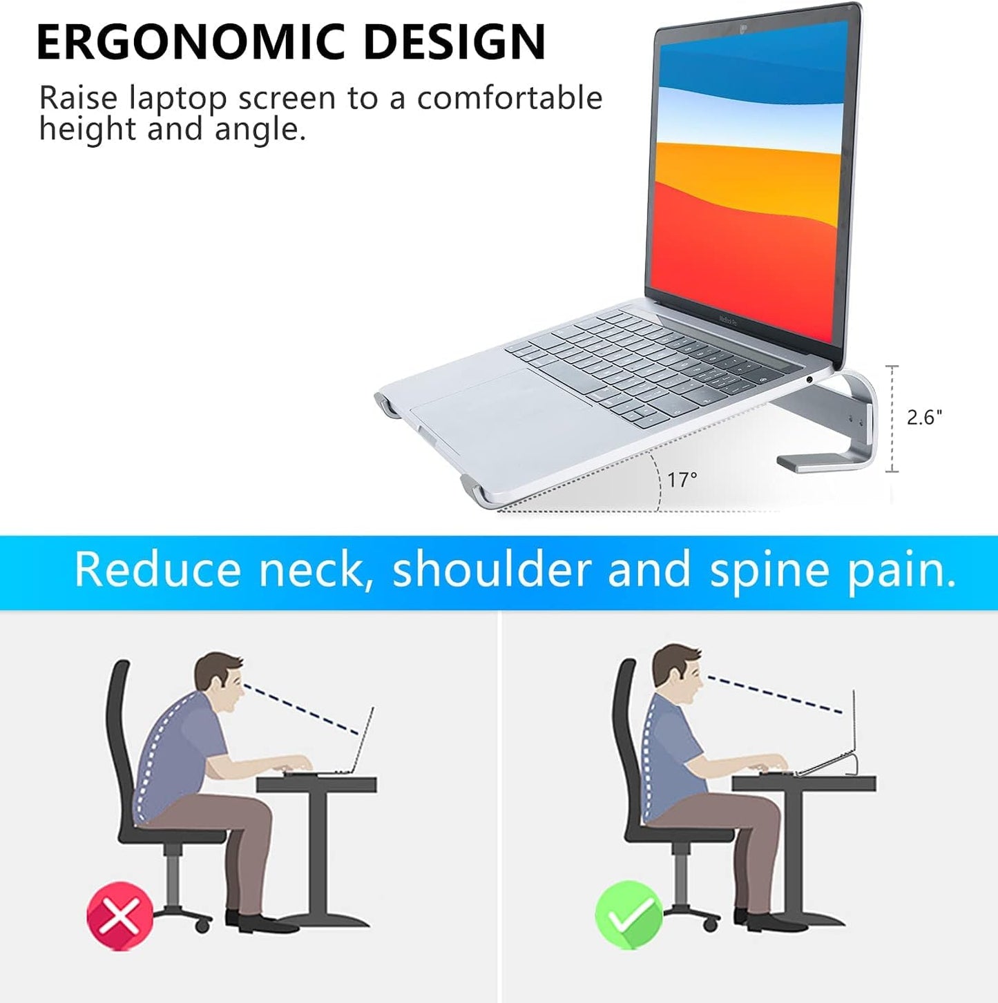 Laptop Stand for Desk, Ergonomic Aluminum Laptop Riser, Ventilated Notebook Stand Compatible with Macbook Air Pro, Dell XPS, HP, More 11-17.3 Inches Work from Home