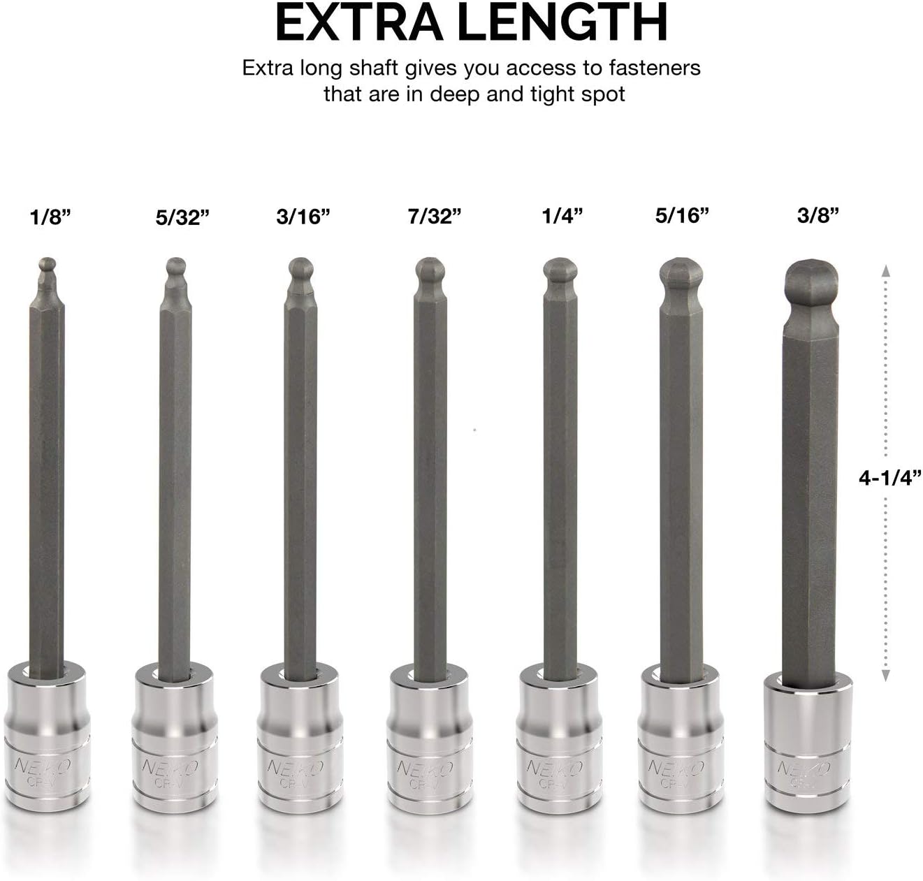 10244A 3/8-Inch-Drive Extra-Long Ball-End Hex-Bit Socket Set, SAE Sockets 1/8" to 3/8", S2 Steel, 7-Piece Set
