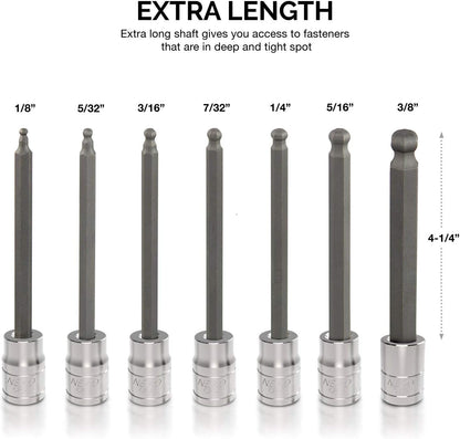 10244A 3/8-Inch-Drive Extra-Long Ball-End Hex-Bit Socket Set, SAE Sockets 1/8" to 3/8", S2 Steel, 7-Piece Set