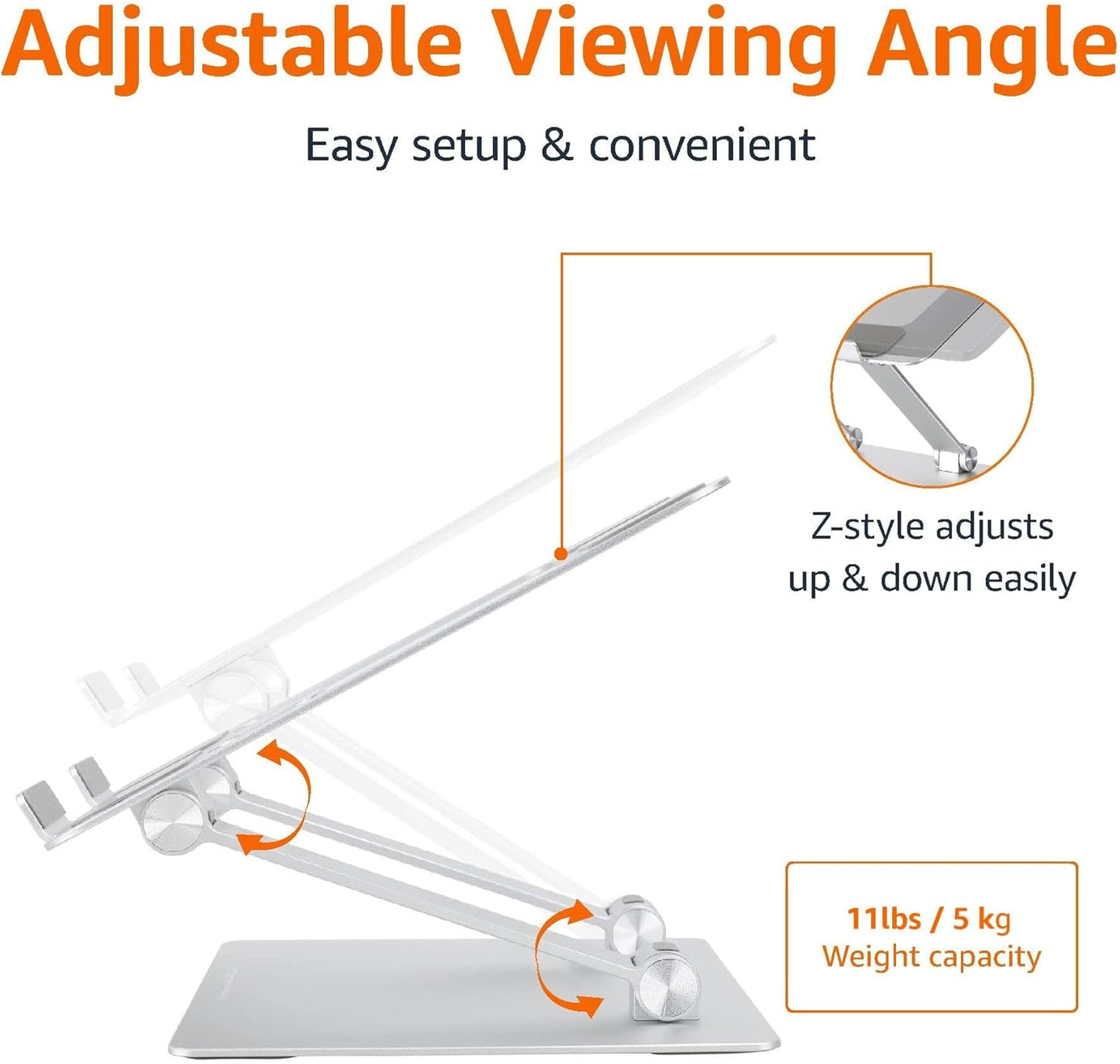 Sturdy and Portable Ergonomic Laptop Stand for Desk, Height Adjustable Riser with Ventilated Cooling, Foldable, Fits All Laptops up to 17.3 Inch, Silver, 10 X 8.7 X 6 In