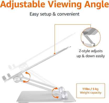 Sturdy and Portable Ergonomic Laptop Stand for Desk, Height Adjustable Riser with Ventilated Cooling, Foldable, Fits All Laptops up to 17.3 Inch, Silver, 10 X 8.7 X 6 In