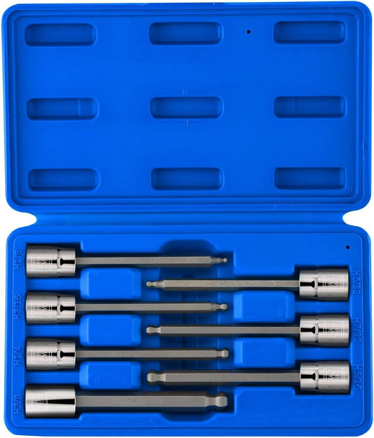 10244A 3/8-Inch-Drive Extra-Long Ball-End Hex-Bit Socket Set, SAE Sockets 1/8" to 3/8", S2 Steel, 7-Piece Set