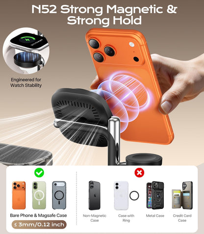 45W 5 in 1Charging Station with Bluetooth Speaker and Alarm Clock & Night Light, Qi2.2 25W Fast Wireless Charger for Magsafe Charger for Iphone 17/S26 Ultra, Charger Stand for Apple Watch & Airpods