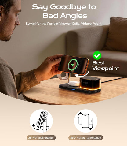 45W 5 in 1Charging Station with Bluetooth Speaker and Alarm Clock & Night Light, Qi2.2 25W Fast Wireless Charger for Magsafe Charger for Iphone 17/S26 Ultra, Charger Stand for Apple Watch & Airpods