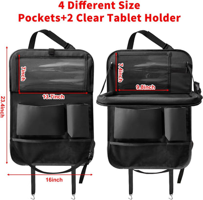 Car Backseat Organizer with Tablet Holder, 6 Storage Pockets Foldable Table Tray Seat Back Protectors Kick Mats Travel Accessories, 2 Pack Black