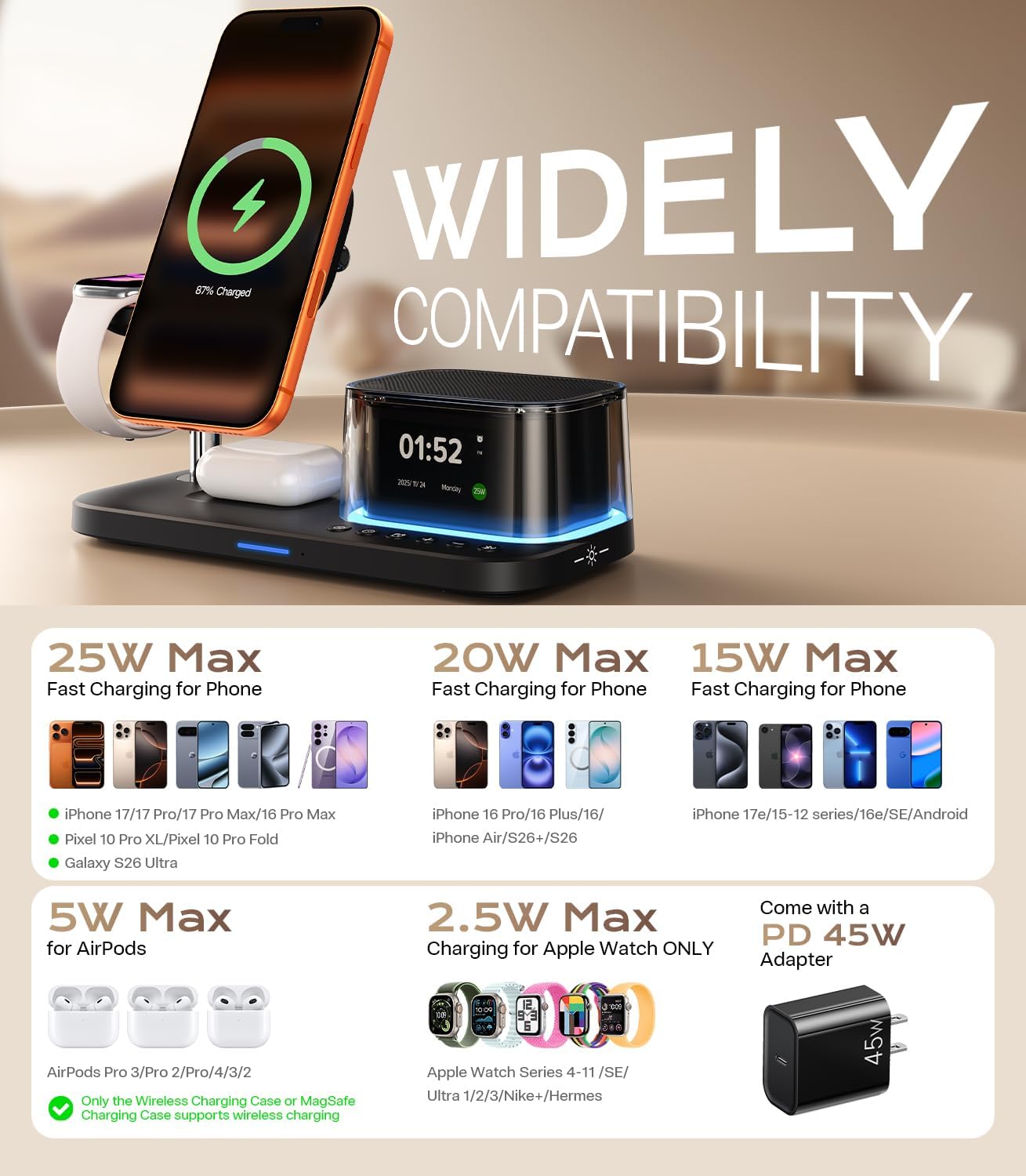 45W 5 in 1Charging Station with Bluetooth Speaker and Alarm Clock & Night Light, Qi2.2 25W Fast Wireless Charger for Magsafe Charger for Iphone 17/S26 Ultra, Charger Stand for Apple Watch & Airpods
