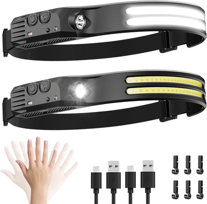 2Pack LED Headlamp Rechargeable - 230° COB Super Bright Head Lights for Forehead, Hard Hat Light for Adults, USB C Headband Flashlight for Work, Hunting, Running, Camping Essentials Gear