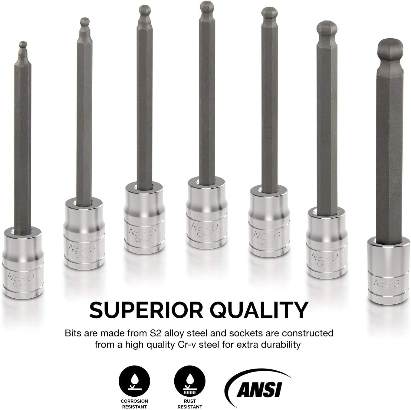 10244A 3/8-Inch-Drive Extra-Long Ball-End Hex-Bit Socket Set, SAE Sockets 1/8" to 3/8", S2 Steel, 7-Piece Set