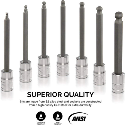 10244A 3/8-Inch-Drive Extra-Long Ball-End Hex-Bit Socket Set, SAE Sockets 1/8" to 3/8", S2 Steel, 7-Piece Set