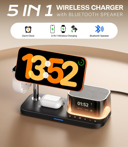 45W 5 in 1Charging Station with Bluetooth Speaker and Alarm Clock & Night Light, Qi2.2 25W Fast Wireless Charger for Magsafe Charger for Iphone 17/S26 Ultra, Charger Stand for Apple Watch & Airpods