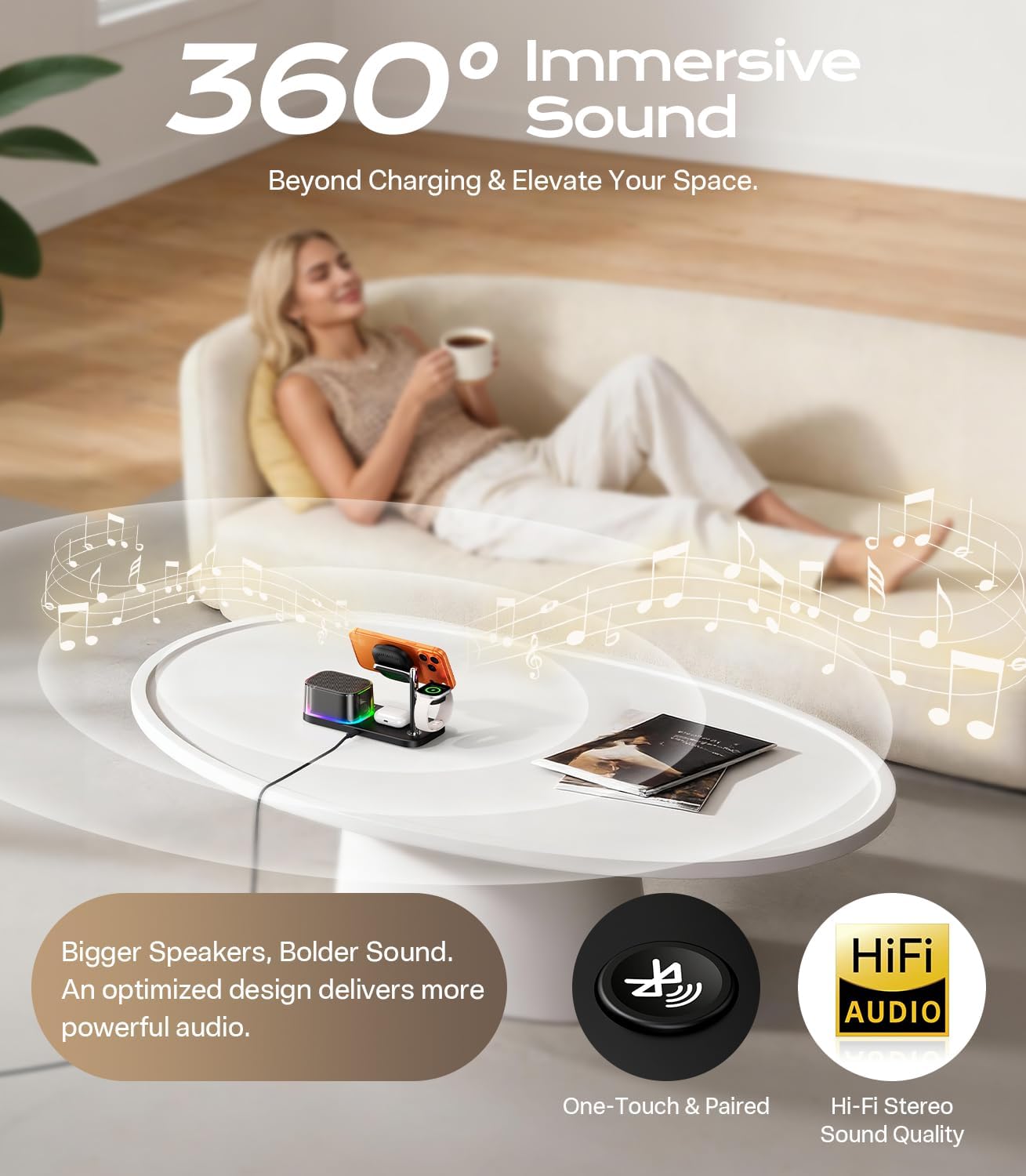 45W 5 in 1Charging Station with Bluetooth Speaker and Alarm Clock & Night Light, Qi2.2 25W Fast Wireless Charger for Magsafe Charger for Iphone 17/S26 Ultra, Charger Stand for Apple Watch & Airpods