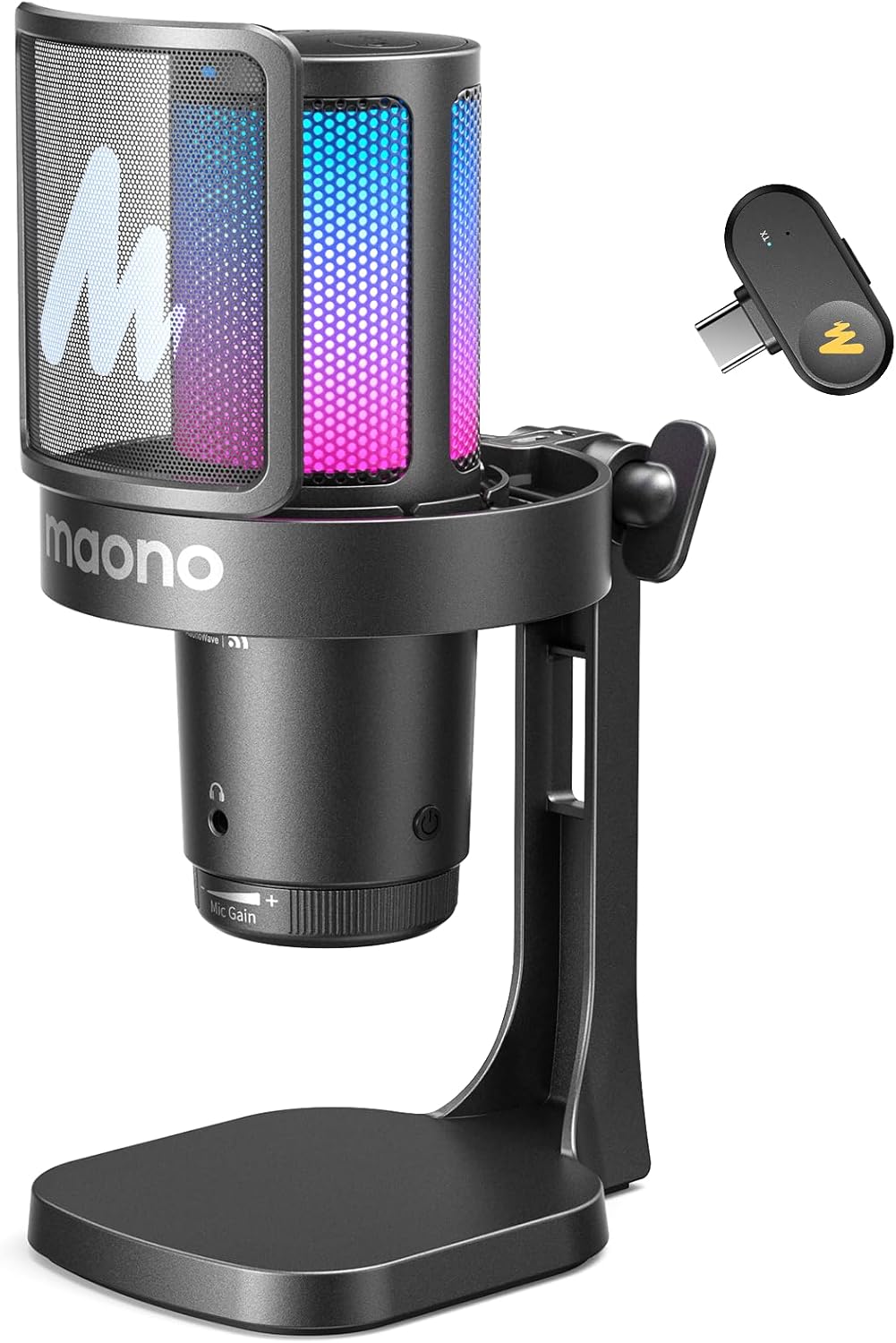 DGM20W Wireless Microphone for PC, Condenser USB Mic for Gaming Streaming with Noise Cancellation & Quick Mute,Gain Control,Rgb,Software, Computer Desktop Mic for PS5 Twitch Discord