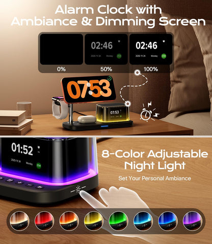 45W 5 in 1Charging Station with Bluetooth Speaker and Alarm Clock & Night Light, Qi2.2 25W Fast Wireless Charger for Magsafe Charger for Iphone 17/S26 Ultra, Charger Stand for Apple Watch & Airpods