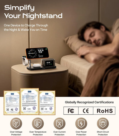 45W 5 in 1Charging Station with Bluetooth Speaker and Alarm Clock & Night Light, Qi2.2 25W Fast Wireless Charger for Magsafe Charger for Iphone 17/S26 Ultra, Charger Stand for Apple Watch & Airpods