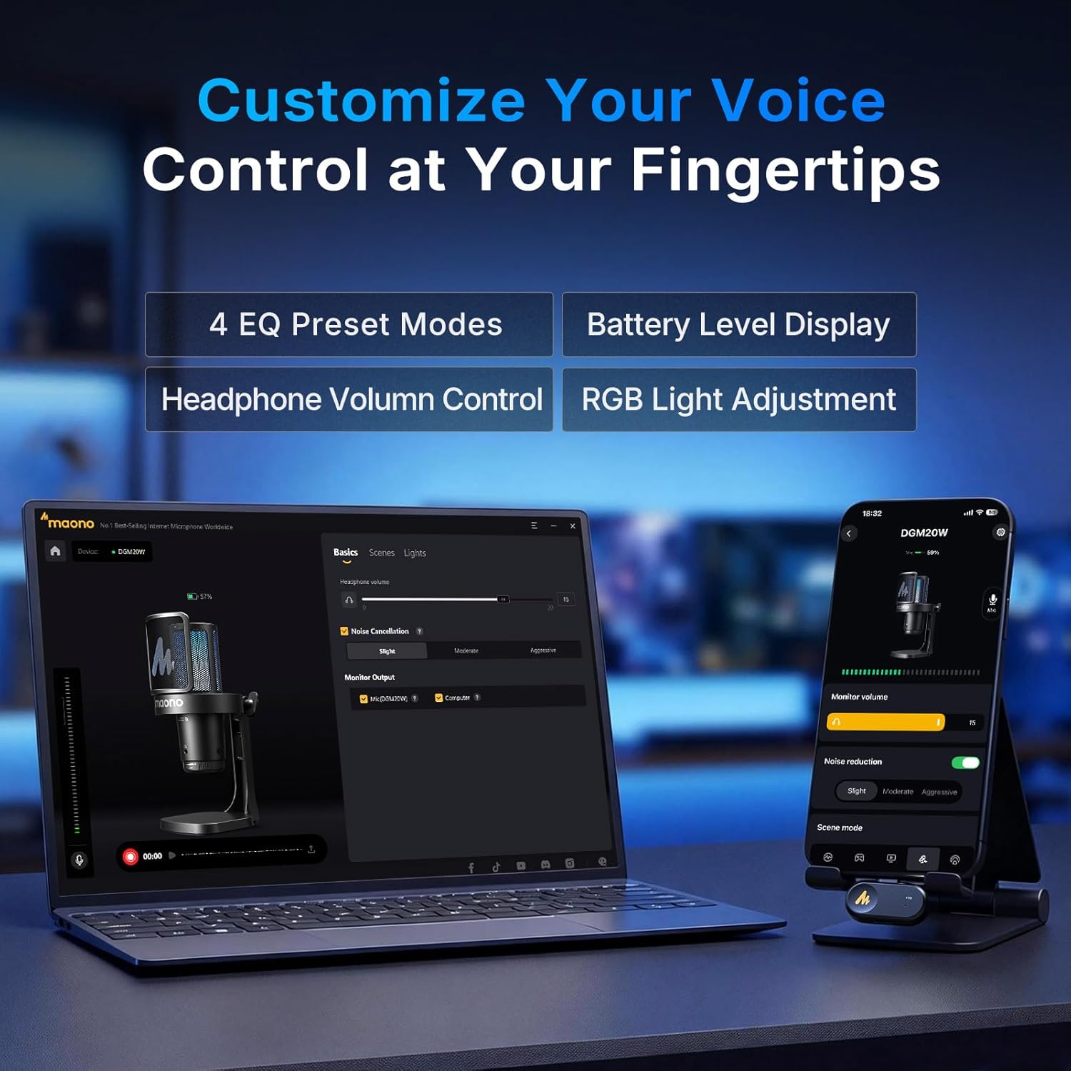 DGM20W Wireless Microphone for PC, Condenser USB Mic for Gaming Streaming with Noise Cancellation & Quick Mute,Gain Control,Rgb,Software, Computer Desktop Mic for PS5 Twitch Discord
