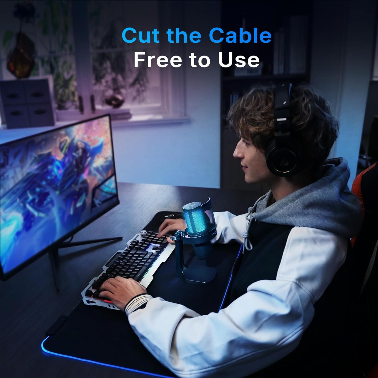 DGM20W Wireless Microphone for PC, Condenser USB Mic for Gaming Streaming with Noise Cancellation & Quick Mute,Gain Control,Rgb,Software, Computer Desktop Mic for PS5 Twitch Discord