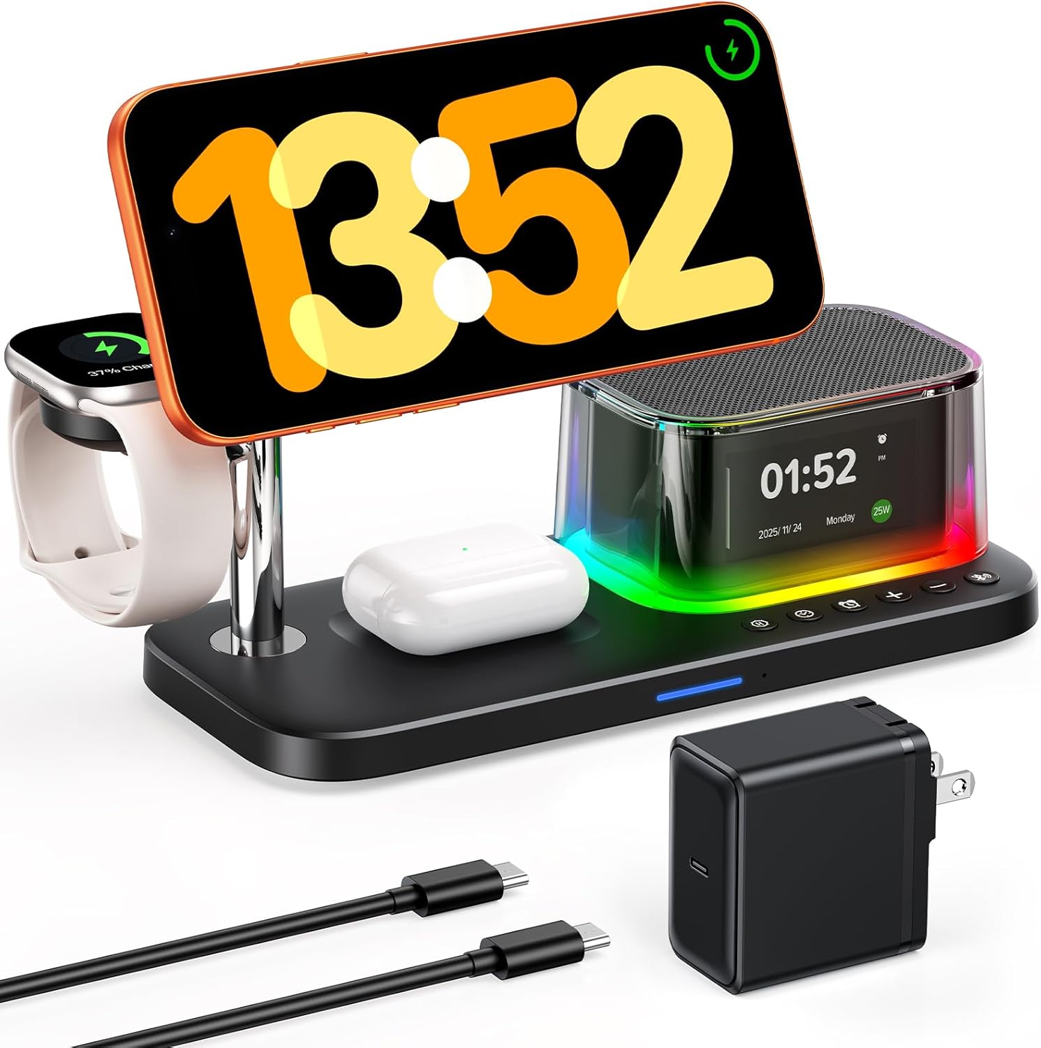 45W 5 in 1Charging Station with Bluetooth Speaker and Alarm Clock & Night Light, Qi2.2 25W Fast Wireless Charger for Magsafe Charger for Iphone 17/S26 Ultra, Charger Stand for Apple Watch & Airpods