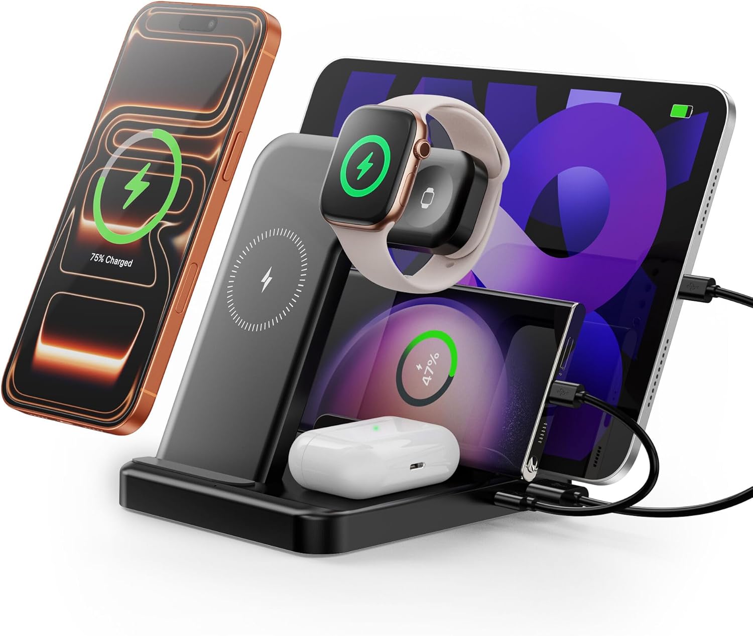 Multiple Devices Charging Station, 5-In-1 Charging Station for Iphone 17 Pro Max/Pro/16/15/14/13/12, Ipad Pro/Air/Mini, Apple Watch and Airpods,Wireless Charging Dock(G805) (Black)