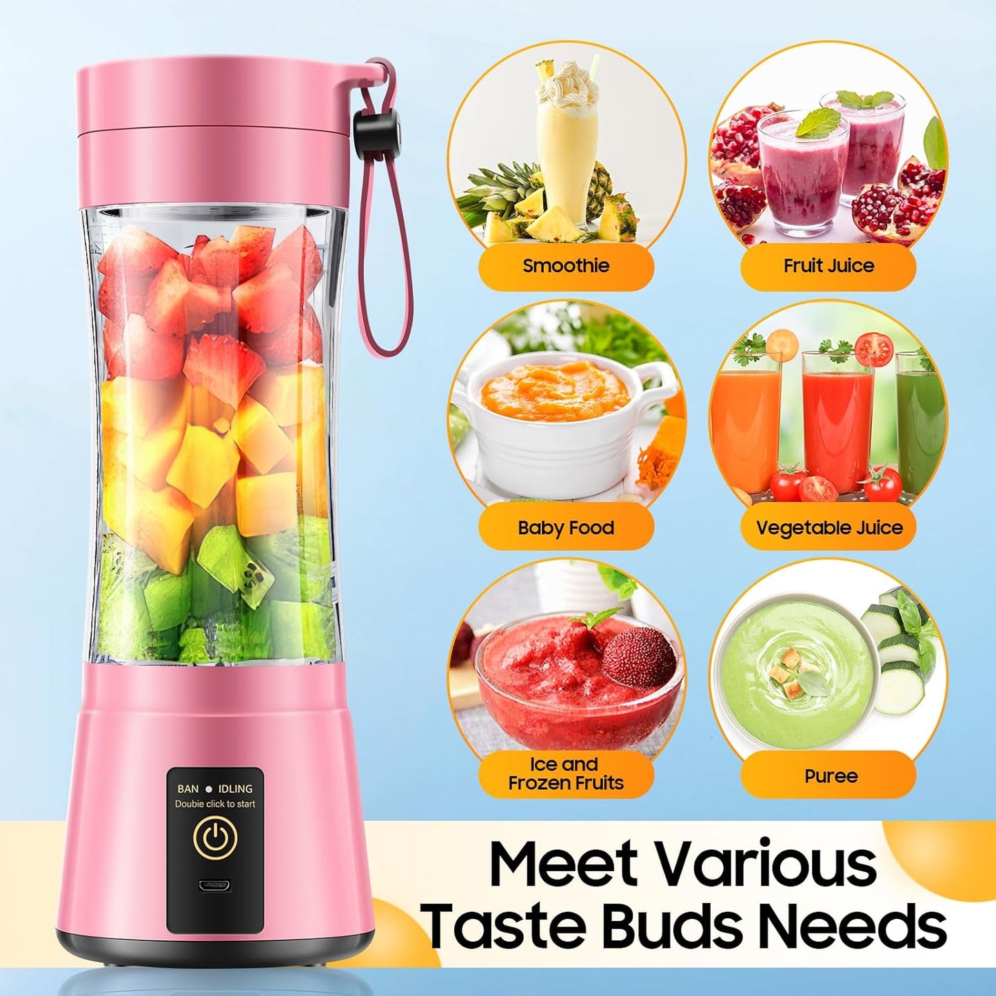 Portable Blender for Smoothies and Shakes - Personal Size Mini Blender with 380Ml Travel Cup, 6 Stainless Steel Blades for Powerful Blending, Fresh Fruit Juicer for Home/Travel