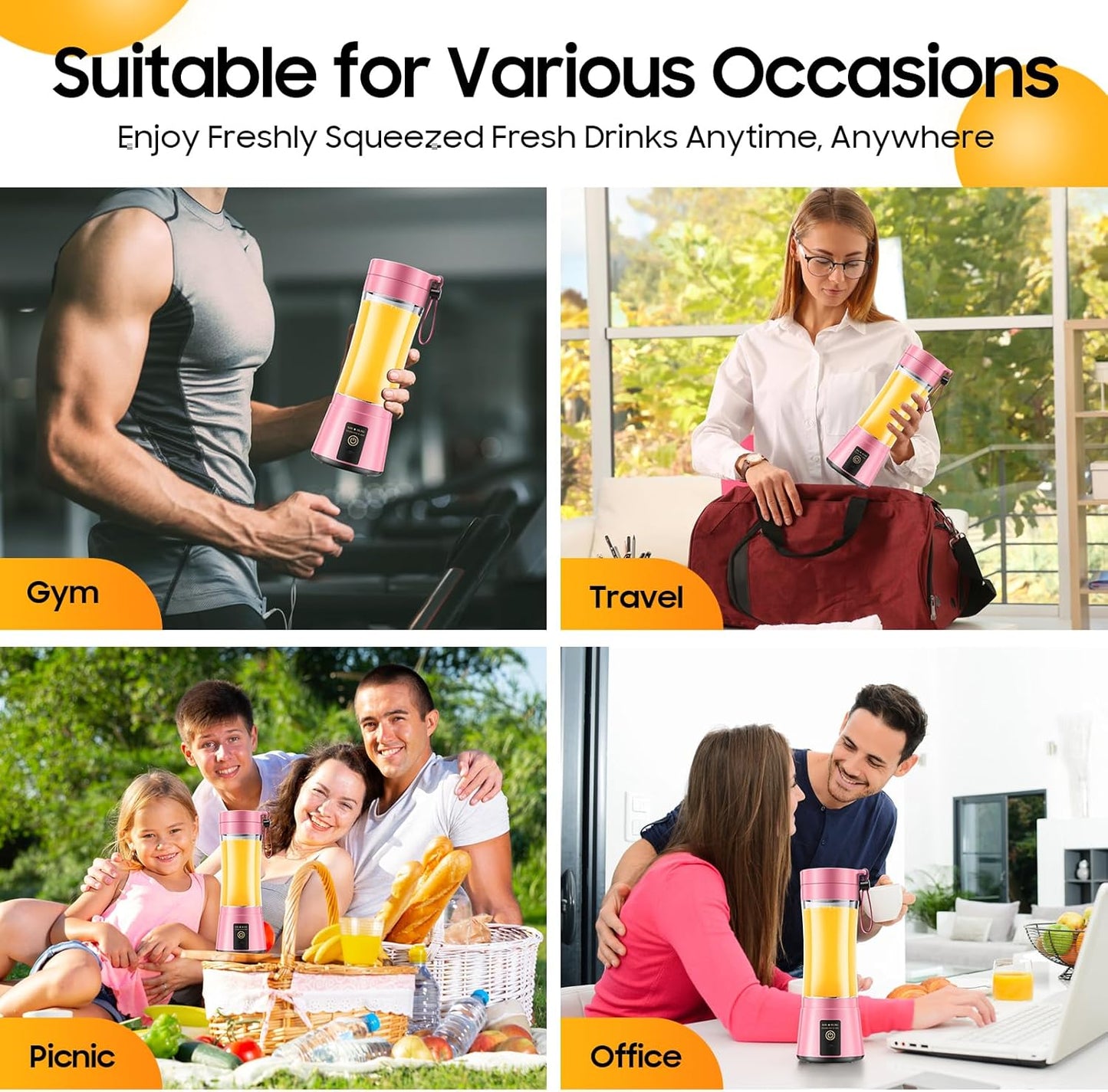 Portable Blender for Smoothies and Shakes - Personal Size Mini Blender with 380Ml Travel Cup, 6 Stainless Steel Blades for Powerful Blending, Fresh Fruit Juicer for Home/Travel