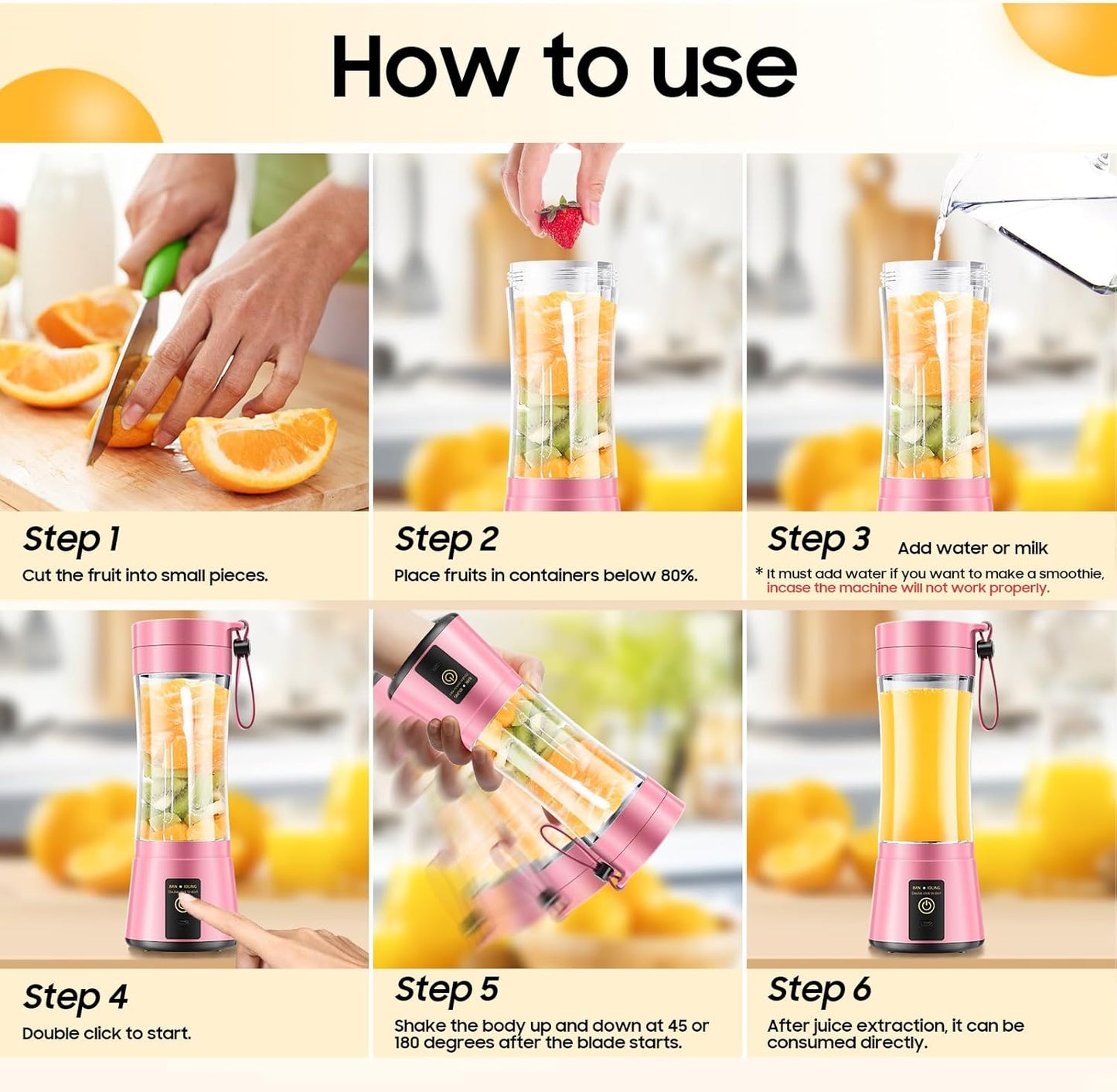 Portable Blender for Smoothies and Shakes - Personal Size Mini Blender with 380Ml Travel Cup, 6 Stainless Steel Blades for Powerful Blending, Fresh Fruit Juicer for Home/Travel