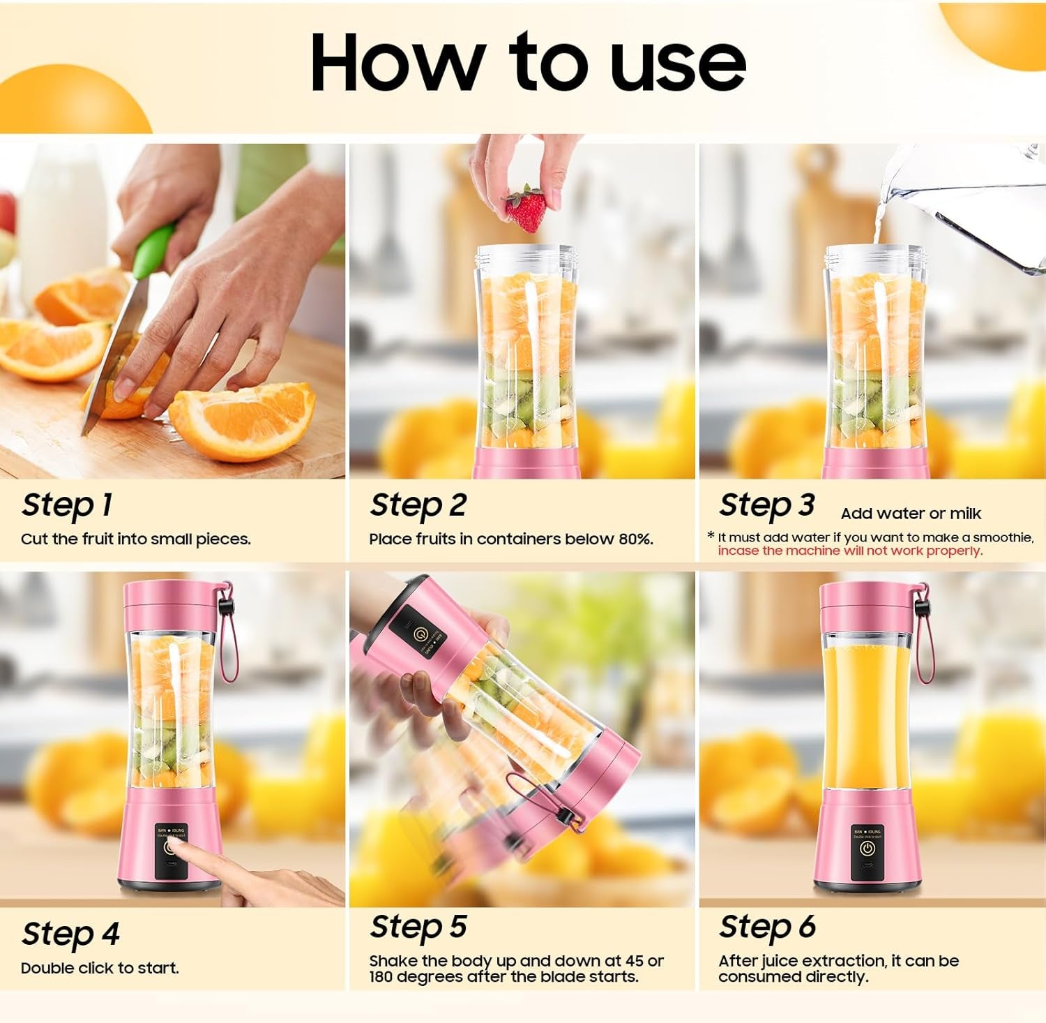 Portable Blender for Smoothies and Shakes - Personal Size Mini Blender with 380Ml Travel Cup, 6 Stainless Steel Blades for Powerful Blending, Fresh Fruit Juicer for Home/Travel