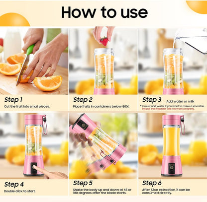 Portable Blender for Smoothies and Shakes - Personal Size Mini Blender with 380Ml Travel Cup, 6 Stainless Steel Blades for Powerful Blending, Fresh Fruit Juicer for Home/Travel