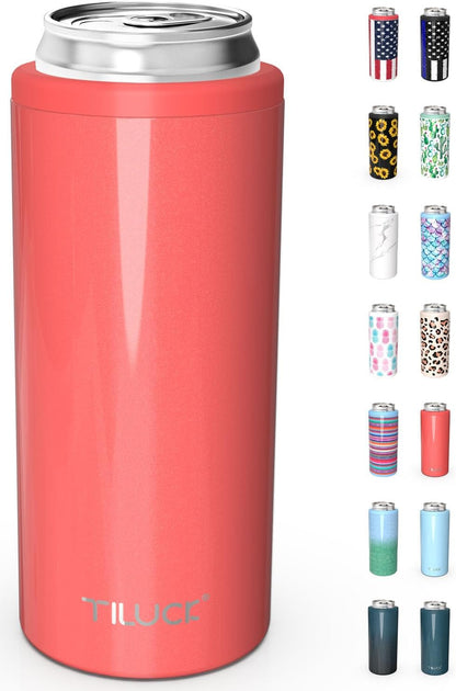 Skinny Can Cooler for Slim Beer & Hard Seltzer, Stainless Steel, Doucle-Walled Stainless Steel Insulated Slim Cans, Standard 12 Oz (Glitter Coral)