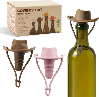 2 Pack Cowboy Hat Wine Stopper, Silicone Wine Stoppers for Wine Bottles, Funny Gifts for Men and Women (Coffee & Pink)