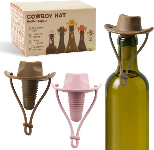 2 Pack Cowboy Hat Wine Stopper, Silicone Wine Stoppers for Wine Bottles, Funny Gifts for Men and Women (Coffee & Pink)