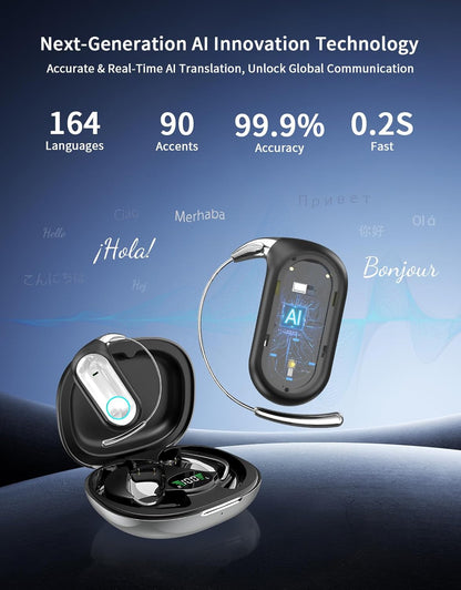 AI Translation Earbuds Real Time,164 Languages Translator Ear Buds,Audifonos Traductores Inglés Español,5-In-1 Translating Headphones/7 Modes/96H Translator Device for Travel Business Learning