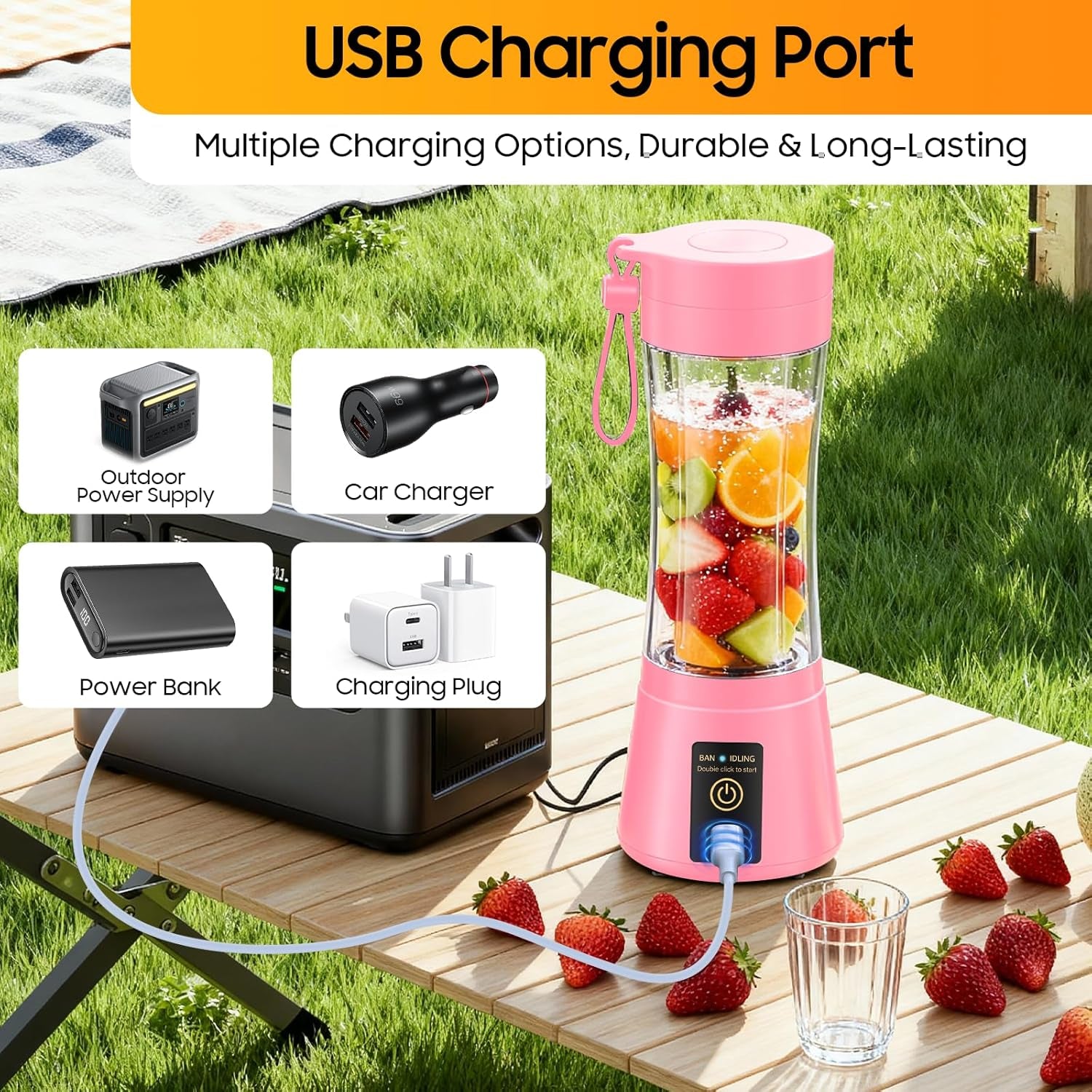Portable Blender for Smoothies and Shakes - Personal Size Mini Blender with 380Ml Travel Cup, 6 Stainless Steel Blades for Powerful Blending, Fresh Fruit Juicer for Home/Travel
