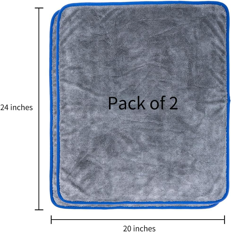 Microfiber Car Drying Towel Super Absorbent Twist Pile Car Towels Rapid Drying Large Cleaning Lint-Free Detailing Cloth Gray 20 X 24 Inches Pack of 2